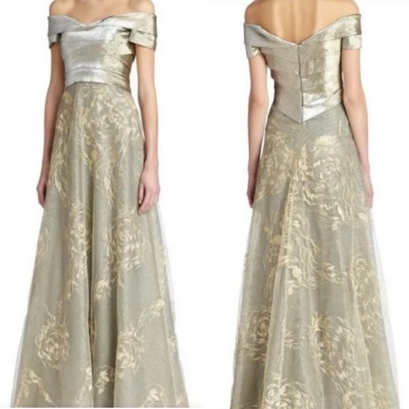 Rene Ruiz Metallic Tiered Tulle Off The Shoulder Gown - Picture 2 of 9